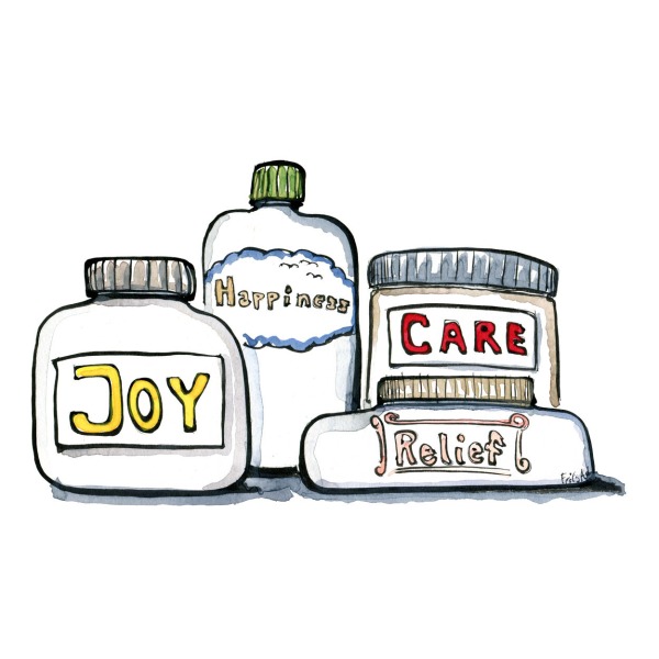 Four containers, with happiness, joy, relief, and care written on them. illustration by Frits Ahlefeldt
