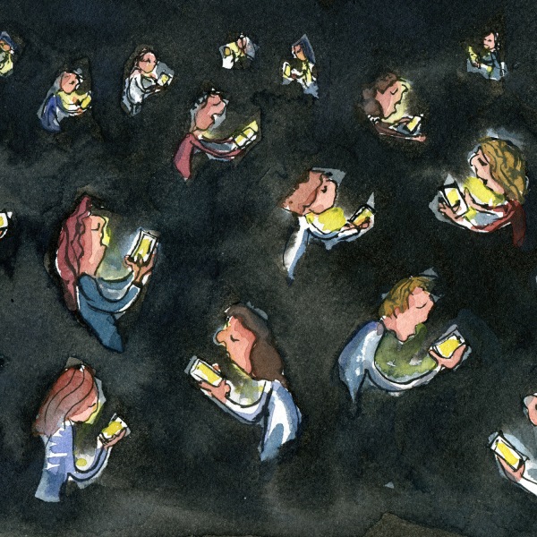 Darkness with a lot of people looking at their phones. illustration by Frits Ahlefeldt
