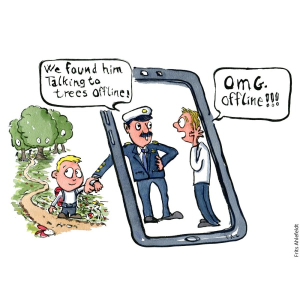 Drawing of a kid with backpack looking back out in nature as a police officer bring him back to his father on a phone screen. Illustration by Frits Ahlefeldt