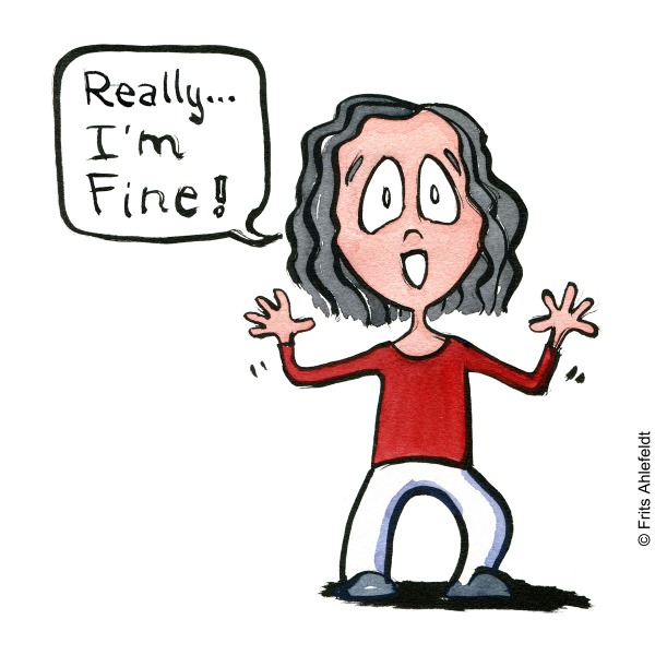 Drawing of a girl saying "i'm fine" Psychology illustration by Frits Ahlefeldt