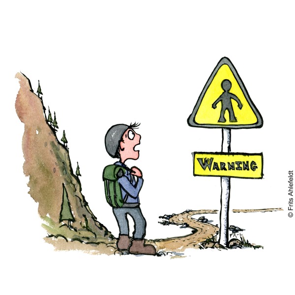 Drawing of hiker reaching warning sign that he can meet humans. Isololation psychology illustration by Frits Ahlefeldt