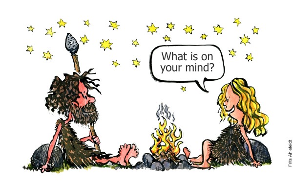 Stone age man and woman sitting around a fire, woman asking "what is on your mind" Illustration by Frits Ahlefeldt