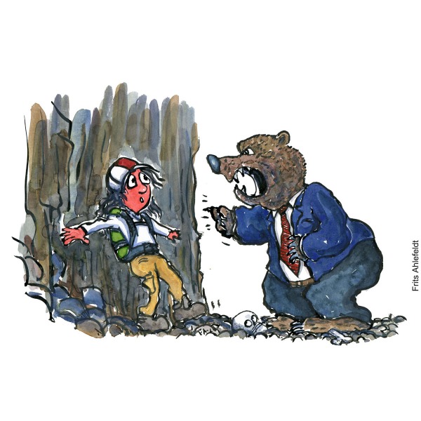 Drawing of a man hiker faced by a bear in tie and suit. Psychology illustration by Frits Ahlefeldt