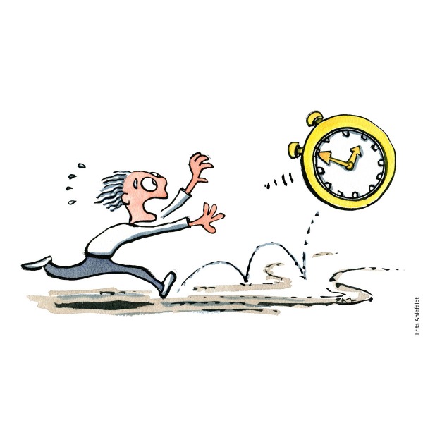 Drawing of a man chasing time as a huge golden clock. Stress Psychology illustration by Frits Ahlefeldt